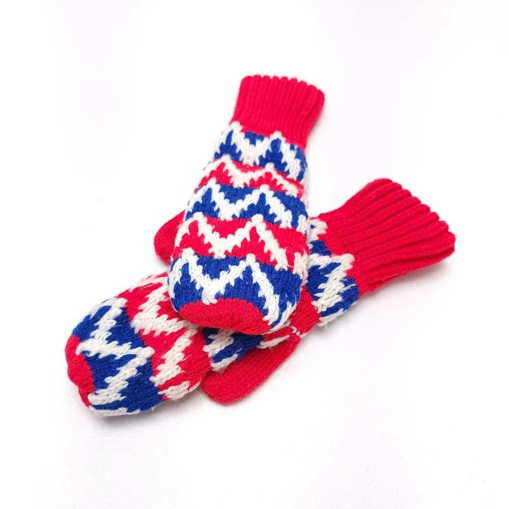 Vintage Mittens Red White & Blue Handmade Knitted Size Medium‎ Cozy Warm
